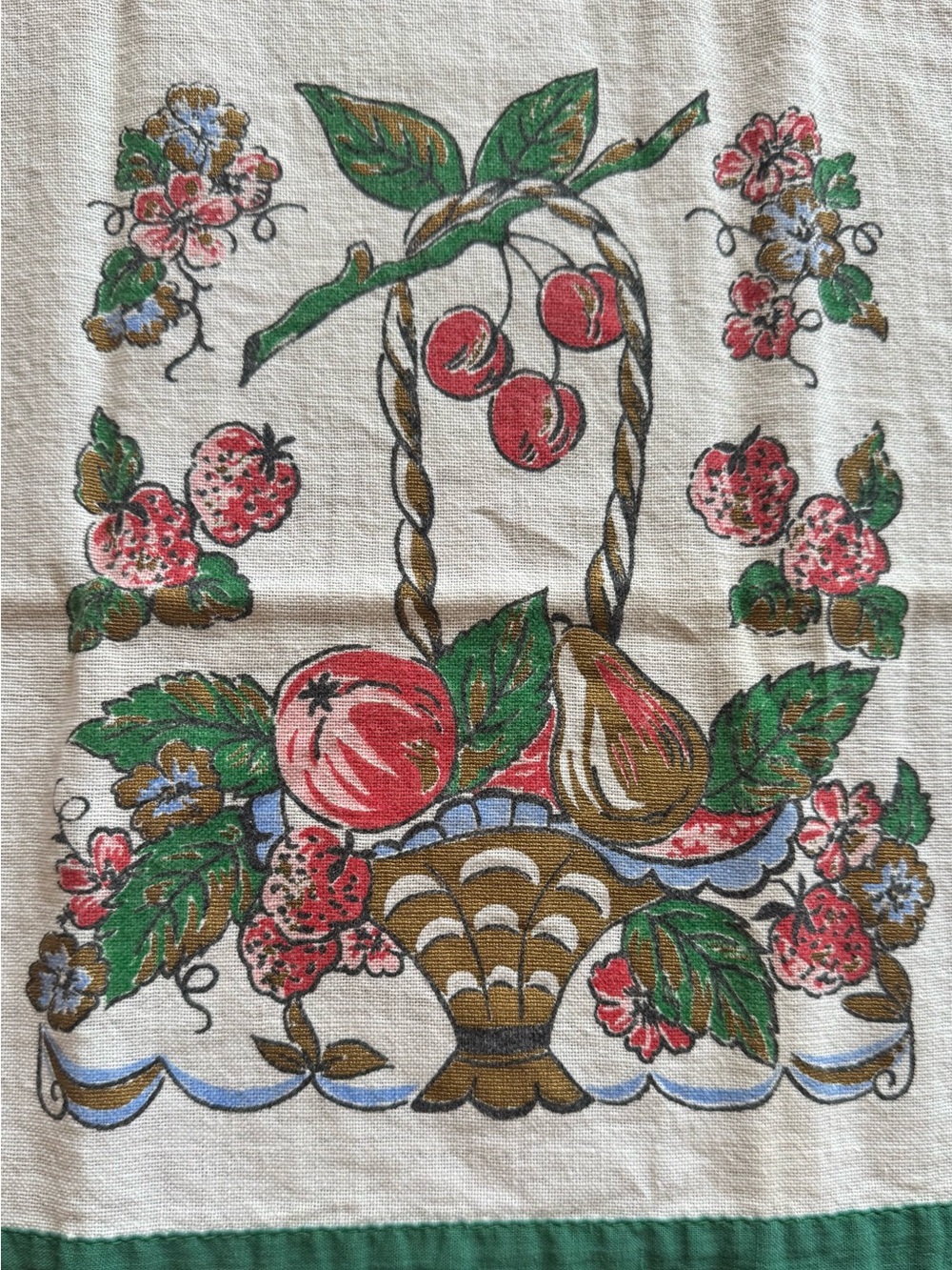 Vintage Fruit Basket Linen Towel with Red, Green, Brown Print